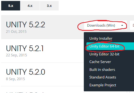 Screenshot showing how to download the Unity Editor directly