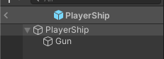 PlayerShip prefab hierarchy view on the editor