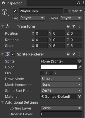 PlayerShip gameobject sprite renderer view