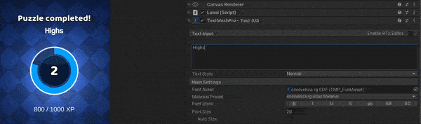 Animated GIF of Unity Editor TextMeshPro UI component typing text and showing how it breaks the rendered text in the game view