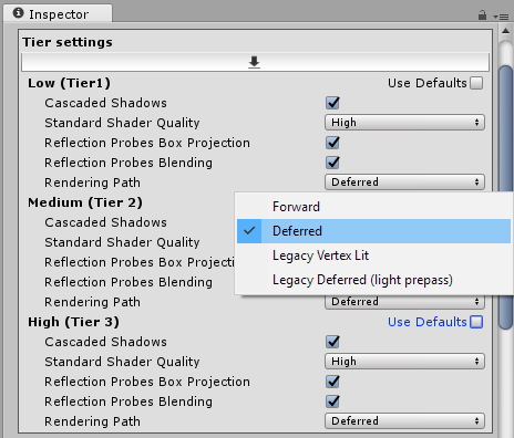 Screenshot of graphics settings in inspector