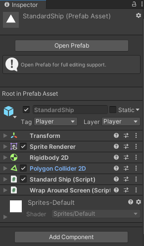 StandardShip prefab view from the editor