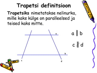 Trapetsi definitsioon
Trapetsiks nimetatakse nelinurka,
mille kaks külge on paralleelsed ja
teised kaks mitte.

          ...