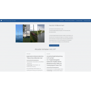 Startseite des UVP-Portals des Bundes mit einer Foto-Collage: ein geplanter Windpark auf See, eine Hochspannungstrasse, ein Schienenweg und eine Wasserstraße