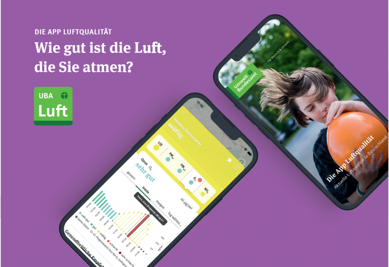 Zwei Smartphones auf lila-farbenem Hintergrund. Aufschrift: Wie gut ist die Luft, die sie atmen?