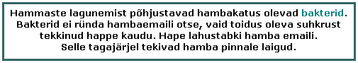 Text Box: Hammaste lagunemist põhjustavad hambakatus olevad bakterid. Bakterid ei ründa hambaemaili otse, vaid toidus oleva suhkrust tekkinud happe kaudu. Hape lahustabki hamba emaili. 
Selle tagajärjel tekivad hamba pinnale laigud.
